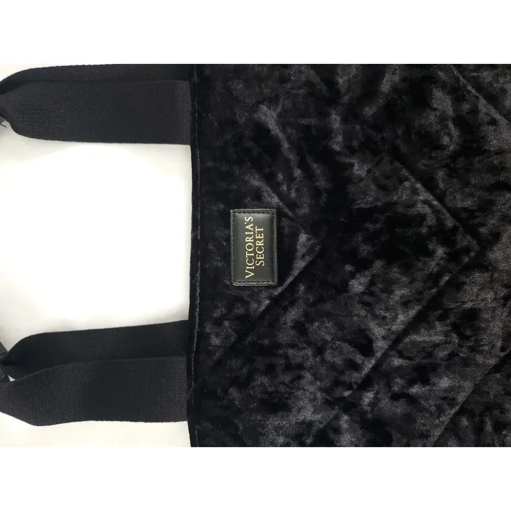 Women's Victoria's Secret Tote Bag Black Quilted Velvet Medium Shoulder Straps‎